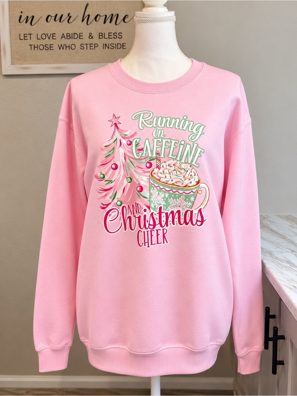 Gildan Pink 'Running on Caffeine and Christmas Cheer' Crewneck Sweatshirt
